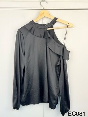 ROI Black Asymmetrical Ruffle One Shoulder Blouse M
